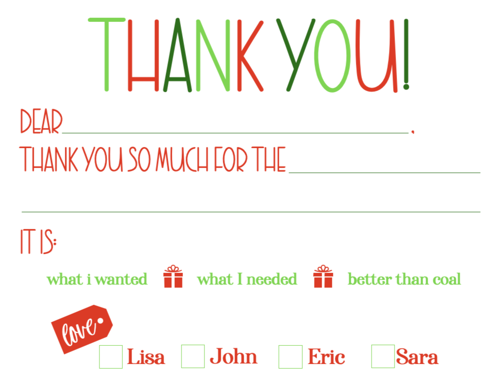 Christmas Season Fill in the Blank Thank You Note