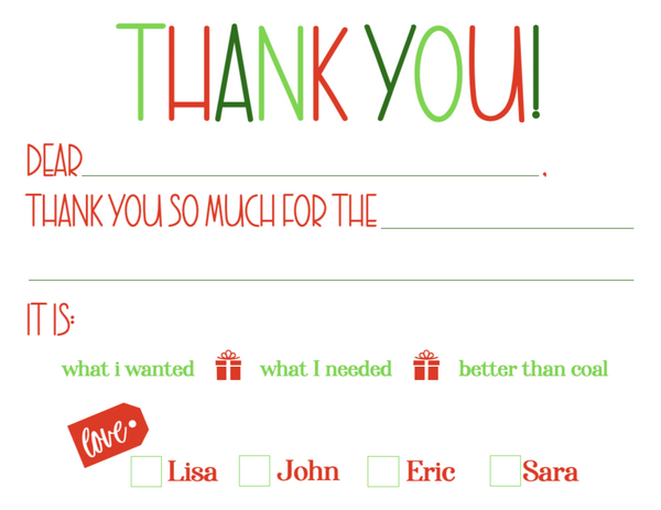 Christmas Season Fill in the Blank Thank You Note