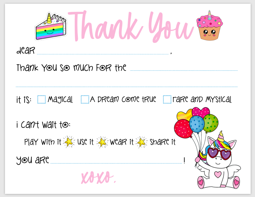 Rainbow Unicorn "Blank You" Notes